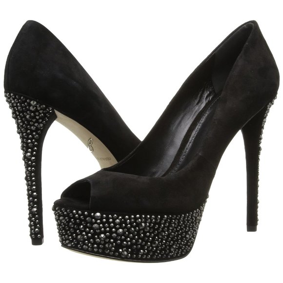 B Brian Atwood Women's 9.5 Size Black Crystal Suede Platform Pumps Heel Shoes